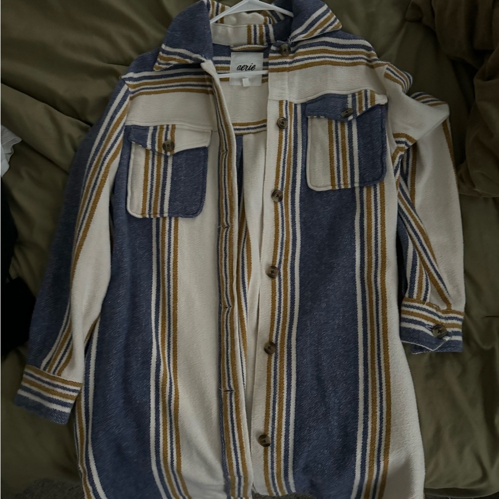 Aerie coat, x-small, white/cream with blue and yellow stripes!